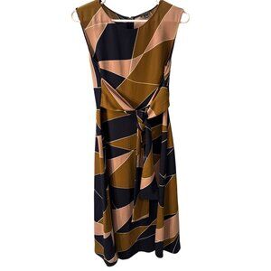 Ann Taylor Modern Geo Tie Waist Midi Navy/Pink Dress Size 2, Pre-Owned EUC